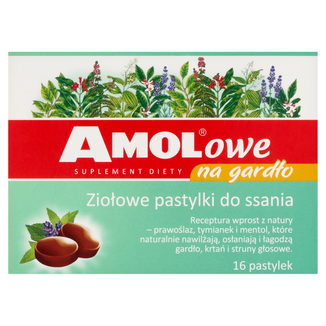 AMOLowe na Gardło, ziołowe pastylki do ssania, 16 sztuk USZKODZONE OPAKOWANIE - zdjęcie produktu