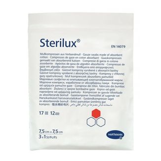 Sterilux, kompresy jałowe z gazy, 17-nitkowe, 12-warstwowe, 7,5 cm x 7,5 cm, 3 sztuki - zdjęcie produktu