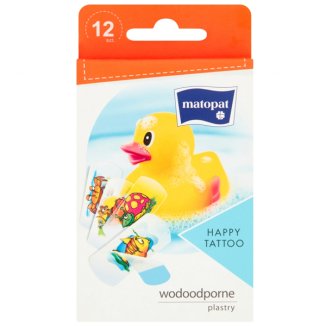 Matopat Happy, plastry dla dzieci z opatrunkiem, wodoodporne, Tattoo, 25 mm x 57 mm, 12 sztuk - zdjęcie produktu