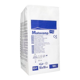 Matopat Matocomp, kompresy niejałowe z gazy, 17-nitkowe, 12-warstwowe, 10 cm x 10 cm, 100 sztuk - zdjęcie produktu