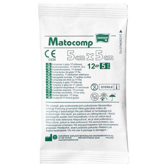 Matopat Matocomp, kompresy jałowe z gazy, 17-nitkowe, 12-warstwowe, 5 cm x 5 cm, 5 sztuk - zdjęcie produktu