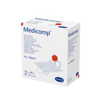 Medicomp, kompresy jałowe, włókninowe, 4-warstwowe, 30 g/m2, 10 cm x 10 cm, 50 sztuk USZKODZONE OPAKOWANIE - zdjęcie produktu