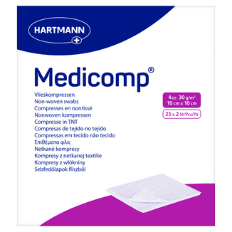 Medicomp, kompresy jałowe, włókninowe, 4-warstwowe, 30 g/m2, 10 cm x 10 cm, 50 sztuk USZKODZONE OPAKOWANIE - zdjęcie produktu