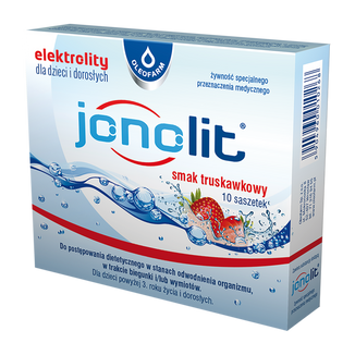 Jonolit, elektrolity dla dzieci i dorosłych, smak truskawkowy, 10 saszetek USZKODZONE OPAKOWANIE - zdjęcie produktu