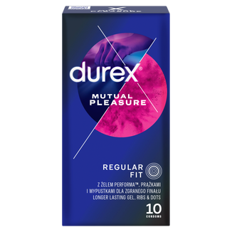 Durex Mutual Pleasure, prezerwatywy z lubrykantem przedłużającym stosunek, prążkowane z wypustkami, 10 sztuk - zdjęcie produktu