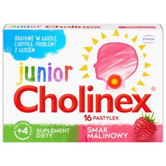 Cholinex Junior, dla dzieci od 4 lat, smak malinowy, 16 pastylek do ssania - zdjęcie produktu