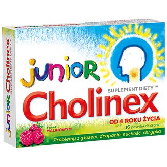 Cholinex Junior, dla dzieci od 4 lat, smak malinowy, 16 pastylek do ssania - zdjęcie produktu