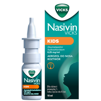 Nasivin Vicks Kids 0,25 mg/ml, aerozol do nosa, dla dzieci od 1 do 6 lat, 10 ml Nasivin Vicks Kids 0,25 mg/ml, aerozol do nosa, dla dzieci od 1 do 6 lat, 10 ml - zdjęcie produktu