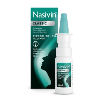 Nasivin Classic 0,5 mg/ ml, aerozol do nosa dla dorosłych i dzieci od 6 lat, 10 ml USZKODZONE OPAKOWANIE - zdjęcie produktu