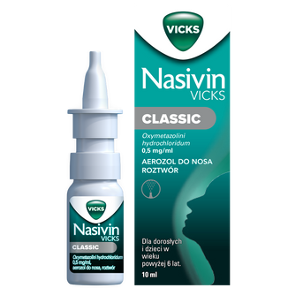 Nasivin Vicks Classic 0,5 mg/ ml, aerozol do nosa dla dorosłych i dzieci od 6 lat, 10 ml USZKODZONE OPAKOWANIE - zdjęcie produktu