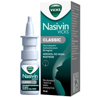 Nasivin Vicks Classic 0,5 mg/ ml, aerozol do nosa dla dorosłych i dzieci od 6 lat, 10 ml - zdjęcie produktu