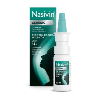 Nasivin Vicks Classic 0,5 mg/ ml, aerozol do nosa dla dorosłych i dzieci od 6 lat, 10 ml - zdjęcie produktu