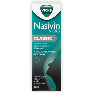Nasivin Vicks Classic 0,5 mg/ ml, aerozol do nosa dla dorosłych i dzieci od 6 lat, 10 ml Nasivin Vicks Classic 0,5 mg/ ml, aerozol do nosa dla dorosłych i dzieci od 6 lat, 10 ml - zdjęcie produktu