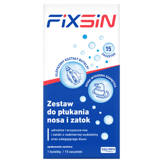 Fixsin, zestaw do płukania nosa i zatok, butelka 240 ml + 15 saszetek KRÓTKA DATA Fixsin, zestaw do płukania nosa i zatok, butelka 240 ml + 15 saszetek KRÓTKA DATA - zdjęcie produktu