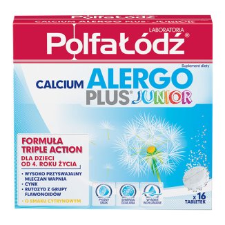 Laboratoria PolfaŁódź Calcium Alergo Plus Junior dla dzieci od 4 roku, smak cytrynowy, 16 tabletek musujących - zdjęcie produktu