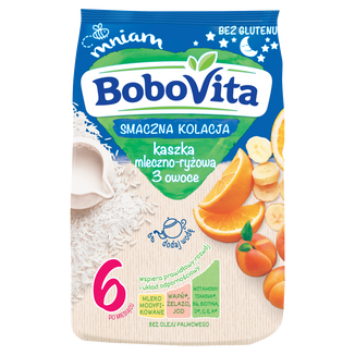 BoboVita Smaczna Kolacja Kaszka mleczno-ryżowa, 3 owoce, bezglutenowa, po 6 miesiącu, 230 g - zdjęcie produktu