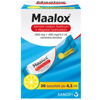 Maalox (460 mg + 400 mg)/ 4,3 ml, zawiesina doustna, 4,3 ml x 20 saszetek - zdjęcie produktu