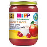 HiPP Owoce i Zboża Bio, maliny i jabłka z kleikiem ryżowym, po 5 miesiącu, 190 g - miniaturka zdjęcia produktu
