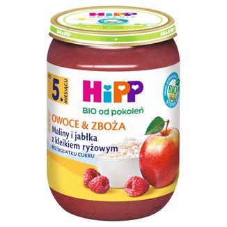 HiPP Owoce i Zboża Bio, maliny i jabłka z kleikiem ryżowym, po 5 miesiącu, 190 g - zdjęcie produktu