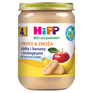 Hipp Owoce i Zboża Bio, jabłka i banany z biszkoptami, po 4 miesiącu, 190 g USZKODZONE OPAKOWANIE - zdjęcie produktu