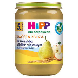 HiPP Owoce i Zboża Bio, gruszki i jabłka z kleikiem orkiszowym, po 5 miesiącu, 190 g KRÓTKA DATA - zdjęcie produktu