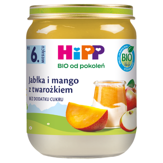HiPP Owocowy Duet Bio, jabłka i mango z twarożkiem, po 6 miesiącu, 160 g - zdjęcie produktu