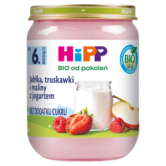 HiPP BIO od pokoleń, jabłka, truskawki i maliny z jogurtem, po 6 miesiącu, 160 g USZKODZONE OPAKOWANIE - zdjęcie produktu