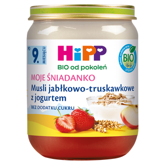 HiPP Moje Śniadanko Bio, musli jabłkowo-truskawkowe z jogurtem, po 9 miesiącu, 160 g KRÓTKA DATA - zdjęcie produktu