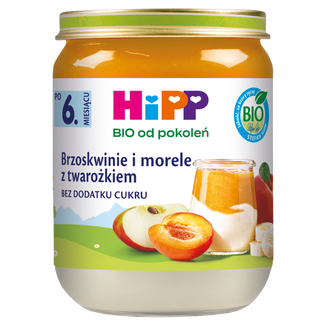 HiPP Owocowy Duet Bio, brzoskwinie i morele z twarożkiem, po 6 miesiącu, 160 g - zdjęcie produktu