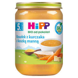 HiPP Zupka rosołek Bio z kurczaka z kaszką manną, po 5 miesiącu, 190 g - zdjęcie produktu