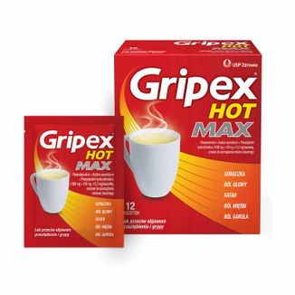 Gripex Hot Max 1000 mg + 100 mg + 12,2 mg, proszek do sporządzania roztworu doustnego, 12 saszetek USZKODZONE OPAKOWANIE - zdjęcie produktu