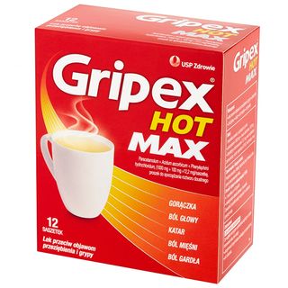 Gripex Hot Max 1000 mg + 100 mg + 12,2 mg, proszek do sporządzania roztworu doustnego, 12 saszetek - miniaturka 2 zdjęcia produktu