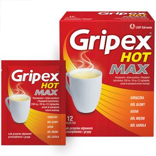 Gripex Hot Max 1000 mg + 100 mg + 12,2 mg, proszek do sporządzania roztworu doustnego, 12 saszetek - zdjęcie produktu