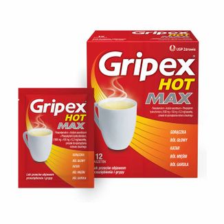 Gripex Hot Max 1000 mg + 100 mg + 12,2 mg, proszek do sporządzania roztworu doustnego, 12 saszetek - zdjęcie produktu