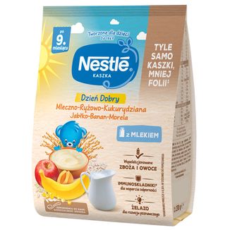 Nestle Dzień Dobry Kaszka ryżowo-kukurydziana, jabłko-banan-morela, mleczna, po 9 miesiącu, 230 g KRÓTKA DATA - zdjęcie produktu