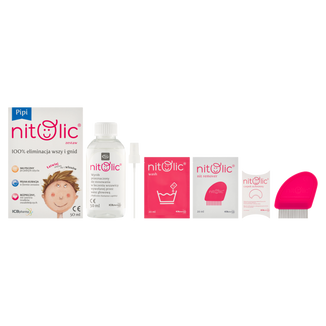 Pipi Nitolic Zestaw do eliminacji wszy i gnid, spray, 50 ml + emulsja, 20 ml + dodatek do prania, 20 ml + grzebień + czepek - zdjęcie produktu