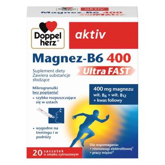 Doppelherz aktiv Magnez-B6 400 UltraFast, smak cytrusowy, 20 saszetek Doppelherz aktiv Magnez-B6 400 UltraFast, smak cytrusowy, 20 saszetek - zdjęcie produktu