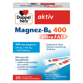 Doppelherz aktiv Magnez-B6 400 UltraFast, smak cytrusowy, 20 saszetek - zdjęcie produktu