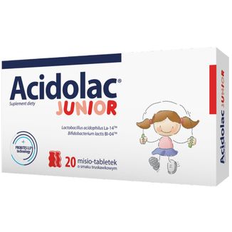 Acidolac Junior, dla dzieci od 3 lat, smak truskawkowy, 20 misio-tabletek Acidolac Junior, dla dzieci od 3 lat, smak truskawkowy, 20 misio-tabletek - zdjęcie produktu