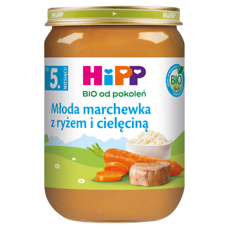 HiPP BIO od pokoleń, młoda marchewka z ryżem i cielęciną, BIO, po 5 miesiącu, 190 g - zdjęcie produktu