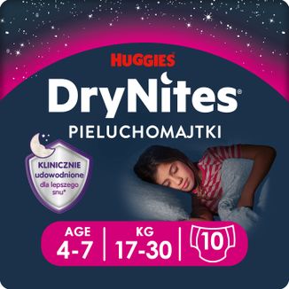 Huggies DryNites Girls, majtki na noc, dla dziewczynek, 4-7 lat, 17-30 kg, 10 sztuk - zdjęcie produktu