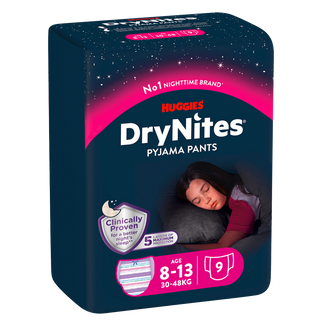 Huggies DryNites, majtki na noc dla dziewczynek, 8-13 lat, 30-48 kg, 9 sztuk - zdjęcie produktu