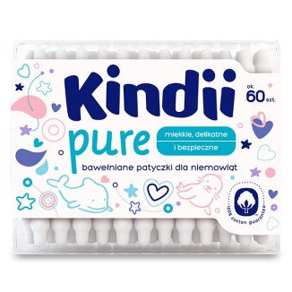 Kindii Pure, patyczki higieniczne dla niemowląt i dzieci, bawełniane, biodegradowalne, 60 sztuk - zdjęcie produktu