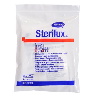 Sterilux, kompresy jałowe z gazy, 17-nitkowe, 8-warstwowe, 7,5 cm x 7,5 cm, 3 sztuki - zdjęcie produktu