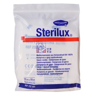 Sterilux, kompresy jałowe z gazy, 17-nitkowe, 8-warstwowe, 10 cm x 10 cm, 3 sztuki - zdjęcie produktu