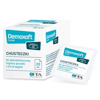 Demoxoft Clean, chusteczki do specjalistycznej pielęgnacji i oczyszczania skóry powiek, 20 sztuk - zdjęcie produktu
