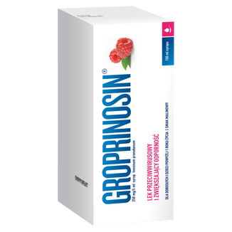 Groprinosin 250 mg/ 5ml, syrop dla dzieci powyżej 1 roku i dorosłych, smak malinowy, 150 ml KRÓTKA DATA - zdjęcie produktu