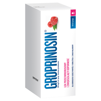 Groprinosin 250 mg/ 5ml, syrop dla dzieci powyżej 1 roku i dorosłych, smak malinowy, 150 ml - zdjęcie produktu