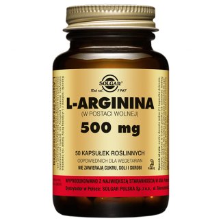 Solgar, L-Arginina, 500 mg, 50 kapsułek - zdjęcie produktu