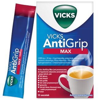 Vicks AntiGrip Max 1000 mg + 16 mg + 4 mg, granulat do sporządzania roztworu doustnego, 10 saszetek USZKODZONE OPAKOWANIE - zdjęcie produktu